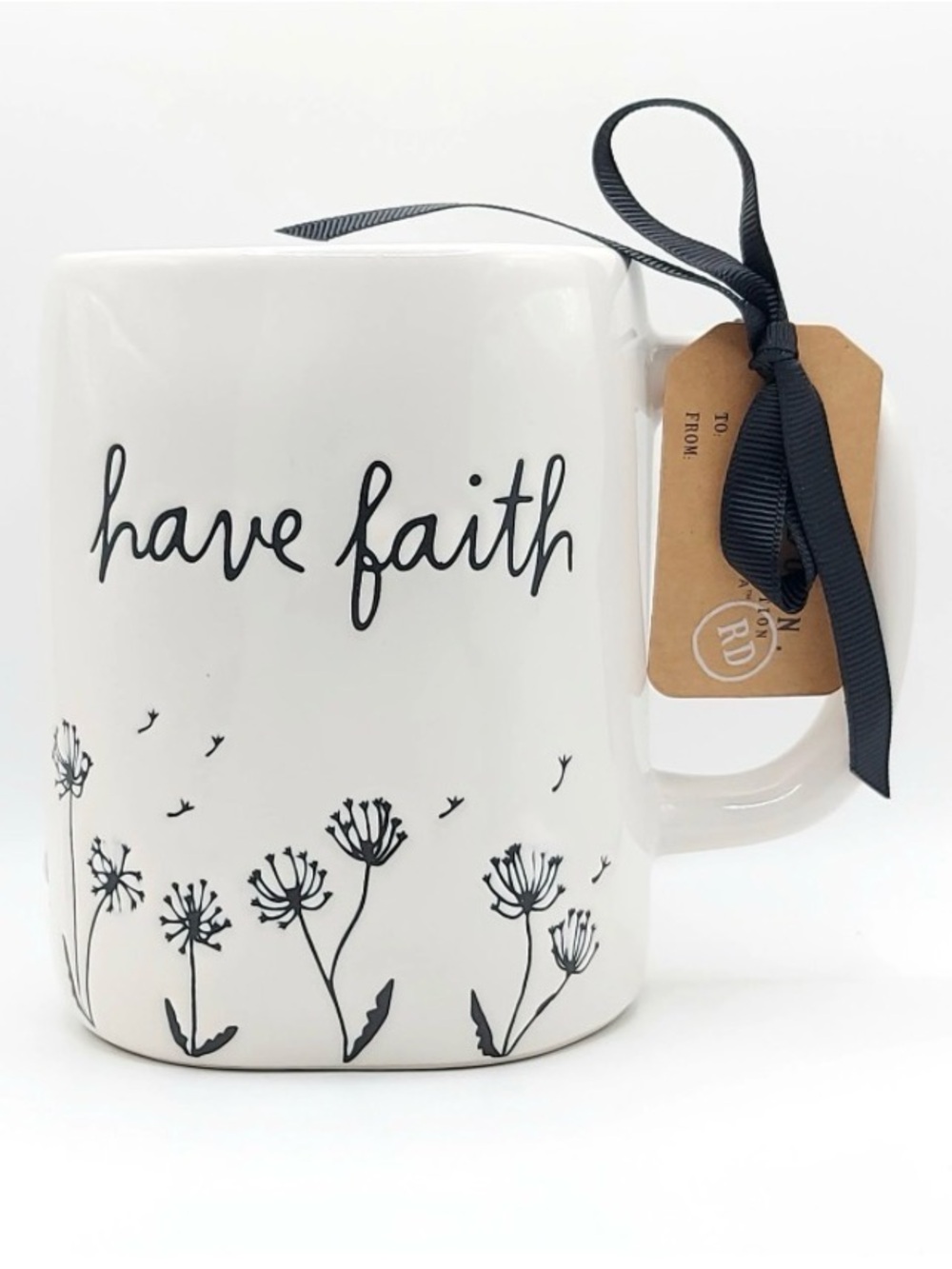 Rae Dunn White Ceramic 'have faith' Mug with Black Floral Script